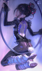 1=2 1girl anal_tail ass athletic_leotard back_cutout bare_back black_eyes black_hair black_leotard black_nails butt_plug clothing_cutout commentary corset_piercing covered_erect_nipples earrings english_commentary fake_tail flat_chest frilled_leotard frills full_body glasses grey_pantyhose hair_up highres hoop jewelry leg_warmers leotard looking_at_viewer looking_back mixed-language_commentary multicolored_hair original pantyhose parted_lips pink_hair rabbit_tail round_eyewear sex_toy solo stirrup_legwear streaked_hair tail toeless_legwear two-tone_hair