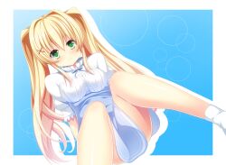 Rule 34 | 1girl, 2019, absurdres, arms at sides, blonde hair, blue background, blue bow, blue bowtie, blue skirt, blush, border, bow, bowtie, breasts, closed mouth, commentary request, dated commentary, drop shadow, dutch angle, eyes visible through hair, feet out of frame, green eyes, hair between eyes, hair intakes, hair ornament, high-waist skirt, highres, knees together feet apart, knees up, long hair, looking at viewer, medium breasts, official alternate costume, outside border, puffy short sleeves, puffy sleeves, shiny skin, shirt, shootinghaze, short sleeves, sidelocks, simple background, sitting, skirt, smile, solo, straight hair, summer pockets, tsumugi wenders, twintails, very long hair, white border, white shirt, x hair ornament