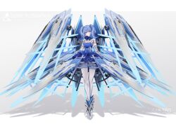 1girl blue_boots blue_dress blue_eyes blue_hair blue_wings blush boots breasts cleavage cleavage_cutout closed_mouth clothing_cutout commentary_request dress elbow_gloves full_body gloves grey_background grey_gloves headgear highres looking_at_viewer mecha_musume medium_hair original pantyhose sarasadou_dan short_sleeves shrug_(clothing) smile solo standing strapless strapless_dress twintails white_pantyhose white_shrug wings