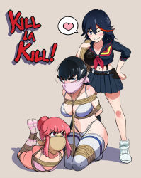 3girls bdsm black_hair blue_eyes bondage bound bra breast_bondage breasts cleavage cloth_gag copyright_name femdom gag gagged hair_bun hand_on_own_hip heart highres hogtie improvised_gag jakuzure_nonon jam-orbital kill_la_kill kiryuuin_satsuki large_breasts long_hair matoi_ryuuko multiple_girls over_the_nose_gag panties pink_bra pink_eyes pink_hair pink_panties rope school_uniform senketsu serafuku shibari short_hair siblings single_hair_bun sisters socks spoken_heart striped_legwear thighhighs underwear underwear_only white_bra white_legwear white_panties yuri