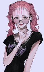 Rule 34 | 1girl, aegyo sal, barbell piercing, black-framed eyewear, black eyes, black nails, black shirt, chain, chain necklace, choppy bangs, closed mouth, collarbone, earrings, eyelashes, finger to cheek, glasses, grey background, heart, heart earrings, highres, jewelry, lips, long hair, looking at viewer, mano aaa, mole, mole on arm, nail polish, necklace, original, piercing, pink hair, print shirt, ribbed shirt, ring, ringlets, shirt, short sleeves, simple background, solo, twintails, upper body