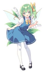 1girl absurdres black_shoes blue_eyes blush bow bowtie collared_shirt commentary daiyousei fairy_wings flower full_body green_hair hair_bow highres lily_of_the_valley looking_at_viewer mary_janes open_mouth pantyhose pigeon-toed puffy_short_sleeves puffy_sleeves setteiset shirt shoes short_sleeves simple_background smile solo touhou white_background white_flower white_pantyhose white_shirt wings yellow_bow yellow_bowtie