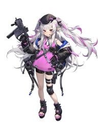 1girl absurdres ammunition_pouch barcode bike_shorts black_boots black_choker black_gloves black_jacket black_nails black_ribbon black_shorts blush boots buckle camera choker earpiece eotech floating_hair foregrip full_body gloves grey_hair grin gun hair_ribbon hand_on_own_hip handgun hat highres holding holding_gun holding_weapon holster holstered jacket knee_pads long_hair long_sleeves looking_at_viewer magazine_(weapon) multicolored_hair nail_polish off_shoulder open-toe_boots open_clothes open_jacket original peaked_cap pink_eyes pink_hair pink_shirt pointy_ears pouch puffy_long_sleeves puffy_sleeves ramuri ribbon shirt shorts sidelocks simple_background single_knee_pad sleeveless sleeveless_shirt smile snap-fit_buckle solo standing streaked_hair submachine_gun tachi-e thigh_holster toenail_polish toenails toes tripod twintails two-sided_fabric two-sided_jacket very_long_hair weapon white_background