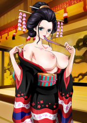 1girl beckoning black_hair blue_eyes breasts breasts_out fan female_focus geisha hair_ornament hairclip hairpin highres japanese_clothes kimono large_breasts lipstick long_hair looking_at_viewer makeup nico_robin nico_robin_(wano) nipples one_piece perky_breasts rider_(orange_couture) smile solo undressing