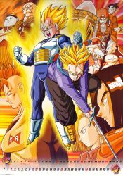 2girls 6+boys absurdres alien android_16 android_17 android_18 android_19 angry blonde_hair bulma bulma_(future) cyborg dr._gero_(dragon_ball) dragon_ball dragonball_z facial_hair father_and_son frieza gloves hat highres jacket mature_female mecha_frieza mother_and_son multiple_boys multiple_girls mustache old old_woman orange_background purple_jacket son_gohan super_saiyan sword trunks_(dragon_ball) trunks_(future)_(dragon_ball) vegeta weapon white_gloves