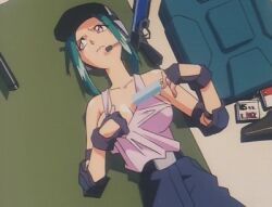 1990s_(style) 1girl animated animated_gif aqua_hair breasts burn-up burn-up_w cleavage fingerless_gloves food gloves gun jinguu_maya large_breasts lowres medium_breasts microphone pink_eyes police police_uniform policewoman popsicle retro_artstyle rifle sniper_rifle solo tank_top visor_cap weapon yamashita_toshinari