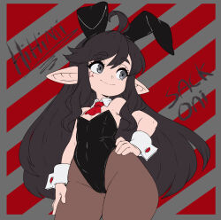 1girl ahoge animal_ears armpits artist_name black_eyes black_hair black_leotard breasts brown_pantyhose character_name closed_mouth collar commission facial_tattoo fake_animal_ears final_fantasy final_fantasy_xiv groin hands_on_own_hips highres lalafell leotard long_hair looking_to_the_side necktie pantyhose playboy_bunny pointy_ears rabbit_ears red_necktie sackoni small_breasts smile solo tattoo very_long_hair warrior_of_light_(ff14) white_collar white_wrist_cuffs wrist_cuffs