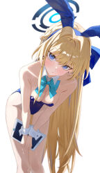 1girl :/ absurdres animal_ear_hairband animal_ears aqua_bow aqua_bowtie bare_legs blonde_hair blue_archive blue_eyes blue_hair blue_leotard blush bow bowtie braid breasts cleavage commentary danyun_03 detached_collar earrings fake_animal_ears feet_out_of_frame groin hairband half_up_braid halo highleg highleg_leotard highres holding holding_tablet_pc jewelry leaning_forward leotard long_hair looking_at_viewer medium_breasts multicolored_hair official_alternate_costume playboy_bunny rabbit_ear_hairband rabbit_ears simple_background solo strapless strapless_leotard streaked_hair stud_earrings tablet_pc toki_(blue_archive) toki_(bunny)_(blue_archive) two-tone_hair very_long_hair white_background wrist_cuffs