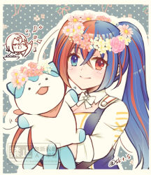 1boy 1girl 1other alcryst_(fire_emblem) bandana bandana_around_neck blue_eyes blue_fur blue_hair breasts cleavage cleavage_cutout clothing_cutout crossed_bangs female_alear_(fire_emblem) fire_emblem fire_emblem_engage head_wreath heterochromia medium_breasts multicolored_hair nintendo official_alternate_hairstyle ponytail red_bandana red_eyes red_hair skt_s solo_focus sommie_(fire_emblem) split-color_hair two-tone_fur two-tone_hair white_fur