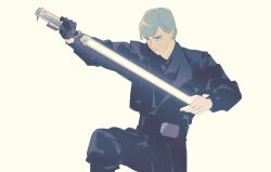 0109_(artist) 1boy belt black_gloves black_pants black_tunic blonde_hair energy_sword fighting_stance gloves highres holding holding_sword holding_weapon lightsaber luke_skywalker pants simple_background single_glove solo star_wars sword the_mandalorian tunic weapon yellow_lightsaber