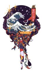 1girl bird black_kimono boat calligraphy_brush fate/grand_order fate_(series) flower full_body giant_brush gloves hair_flower hair_ornament hairpin highres holding holding_paintbrush ima_mo_nao_kangaechuu japanese_clothes katsushika_hokusai_(fate) kimono looking_at_viewer octopus original paintbrush purple_hair purple_kimono sandals seal_impression simple_background smile socks solo star_(symbol) tentacles tokitarou_(fate) water watercraft waves white_background white_socks