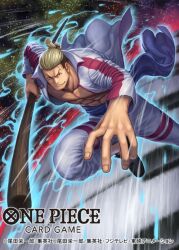 1boy abs blonde_hair commentary_request copyright_name hair_bun holding hongou_(one_piece) jacket male_focus official_art one_piece one_piece_card_game open_clothes open_jacket sash smirk solo standing standing_on_one_leg stitched_face stitches tatsuya_(atelier_road) v-shaped_eyebrows