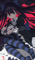 1girl absurdres black_dress black_nails blonde_hair blue_eyes blue_hair bow breasts colored_inner_hair cosplay dress gothic_lolita hair_bow highres large_breasts lolita_fashion long_hair looking_at_viewer multicolored_hair multiple_girls nail_polish over-kneehighs panty_&amp;_stocking_with_garterbelt pantyhose pink_hair siblings sisters smile solo stocking_(psg) stocking_(psg)_(cosplay) striped_clothes striped_leggings striped_thighhighs stuffed_toy thighhighs two-tone_hair wako_(1194433260)