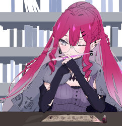 1girl baobhan_sith_(fate) baobhan_sith_(swimsuit_pretender)_(fate) baobhan_sith_(swimsuit_pretender)_(second_ascension)_(fate) blush bookshelf braid breasts citron80citron crown_braid desk detached_sleeves earrings fate/grand_order fate_(series) glasses grey_eyes grey_jacket hair_ornament hairclip highres holding holding_pen ink inkwell jacket jacket_on_shoulders jewelry large_breasts long_hair looking_to_the_side nib_pen_(object) one_eye_closed paper pen pink_hair pointy_ears ponytail purple_shirt round_eyewear shirt sidelocks solo