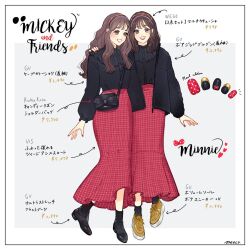 2girls bag brown_eyes brown_hair character_name copyright_name duplicate frills hairband happy humanization long_hair looking_at_viewer meecosme mickey_mouse_&amp;_friends minnie_mouse multiple_girls nail_polish red_skirt shirt shoes skirt smile socks wavy_hair