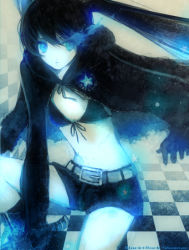 Rule 34 | 10s, 1girl, belt, bikini, bikini top only, black hair, black rock shooter, black rock shooter (character), blue eyes, boots, checkered floor, coat, female focus, flat chest, front-tie top, gloves, glowing, glowing eyes, hood, hooded jacket, jacket, katana, knee boots, long hair, midriff, navel, pale skin, scar, short shorts, shorts, solo, star (symbol), stitches, swimsuit, sword, twintails, uneven twintails, uno (artist), uno (colorbox), very long hair, vocaloid, weapon, zipper