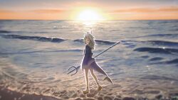 1girl absurdres acrylicstroke animal_hood beach blue_eyes blue_hoodie blue_socks closed_mouth cloud cloudy_sky commentary english_commentary fins fish_tail full_body gawr_gura highres holding holding_polearm holding_weapon hololive hololive_english hood hoodie kneepits long_sleeves looking_at_viewer looking_back medium_hair outdoors polearm sand shark_girl shark_hood shark_tail shoes sky socks solo standing sunset tail trident virtual_youtuber water weapon white_hair white_shoes