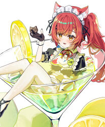 Rule 34 | 1girl, absurdres, animal ear fluff, animal ears, apron, bell, between fingers, black dress, black gloves, black shoes, braid, braided bangs, cat-shaped food, cat ears, cat girl, character name, checkerboard cookie, cocktail, cocktail glass, cookie, cup, dress, drink, drinking glass, food, frilled apron, frills, fruit, gloves, hair ornament, highres, holding, holding food, ice, ice cube, in container, in cup, jingle bell, lemon, lemon slice, long hair, maid, maid apron, maid headdress, mini person, minigirl, name tag, neck bell, neck ribbon, nekota tsuna, nekota tsuna (3rd costume), orange eyes, paint stains, pantyhose, partially fingerless gloves, partially submerged, puffy short sleeves, puffy sleeves, reclining, red hair, red ribbon, ribbon, sanbi1313, shoes, short dress, short sleeves, simple background, slit pupils, solo, stained clothes, twintails, virtual youtuber, vspo!, white apron, white background, white pantyhose, white wrist cuffs, wing collar, wrist cuffs, x hair ornament