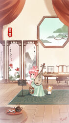 1girl :o animal architecture artist_request banbi black_eyes blue_sky blush_stickers bow-shaped_hair brown_eyes capelet carpet cat chair chinese_clothes chinese_commentary clothed_animal commentary_request cone_hair_bun copyright_name cup curtains day deformed desk dot_nose double_bun ear_covers east_asian_architecture eyelashes flower folding_screen full_body green_hanfu hair_bun hair_flower hair_ornament hanfu highres holding holding_instrument hood hood_up hooded_capelet indoors instrument instrument_request light_particles long_sleeves momo_(nikki) nikki_(nikki) nikki_(series) official_art on_stool open_mouth outstretched_arm pink_hair pink_sleeves pipa_(instrument) qixiong_ruqun red_flower ribbon second-party_source sheet_music shining_nikki short_hair sitting sky solid_oval_eyes table teapot tray tree waist_ribbon wavy_hair white_cat white_flower window wooden_floor yellow_capelet yellow_ribbon