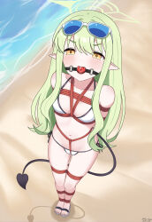 1girl absurdres alternate_costume ball_gag bdsm beach bikini blue-tinted_eyewear blue_archive bondage bound breasts chinese_commentary commentary_request demon_girl demon_tail eyewear_on_head from_above full_body gag gagged green_hair green_halo halo highres hikari_(blue_archive) loli long_hair looking_at_viewer neko_huan ocean outdoors paid_reward_available pointy_ears shibari small_breasts solo standing sunglasses swimsuit tail tinted_eyewear toes v-shaped_eyebrows variant_set white-framed_eyewear white_bikini yellow_eyes