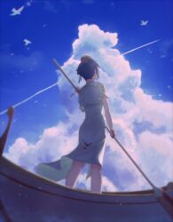 1girl absurdres aika_granzchesta aria_(manga) bird blue_hair blue_sky cloud cloudy_sky day dress fingerless_gloves flowingcrescent from_behind gloves hat highres himeya_company_uniform holding holding_oar long_dress oar outdoors red_gloves red_hat sailor_collar seagull short_hair short_sleeves sidelocks sky solo standing white_background white_dress white_hat