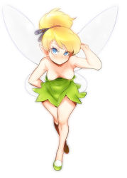 1girl :&lt; angry animification areola_slip arm_behind_head armpits bare_shoulders blonde_hair blue_eyes blush breasts breasts_apart cleavage covered_navel crossed_legs disney downblouse dress eyelashes eyes_visible_through_hair fairy female_focus frown full_body green_dress green_shoes green_skirt hair_ribbon hand_on_own_hip hand_up high_ponytail hip_focus leaning_forward looking_at_viewer medium_breasts naso4 no_bra pointy_ears ponytail ribbon shoes short_dress short_hair short_ponytail simple_background skirt solo standing strapless strapless_dress thighs tinker_bell_(disney) uneven_eyes walt_disney&#039;s_peter_pan white_background wide_hips wings