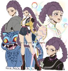 1girl black_hair black_shorts body_markings boots braid brown_eyes closed_mouth criis-chan crop_top earrings jacket jewelry kpop_demon_hunters long_braid long_hair long_sleeves open_clothes open_jacket open_mouth purple_hair rumi_(kpop_demon_hunters) shirt shorts simple_background single_braid smile standing yellow_jacket