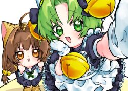 2girls ahoge animal_hat apron bell blue_bow blue_dress blue_sailor_collar blue_shorts bow brown_eyes brown_hair cat_girl cat_hat cat_tail clenched_hands dejiko di_gi_charat dress fang green_eyes green_hair green_neckerchief hair_bell hair_bow hair_intakes hair_ornament hand_on_own_cheek hand_on_own_face hat jingle_bell long_hair looking_at_viewer low_twintails mittens multiple_girls neck_bell neckerchief open_mouth parted_bangs paw_shoes ppy_aaa puchiko puffy_short_sleeves puffy_shorts puffy_sleeves reaching reaching_towards_viewer sailor_collar shirt shoes short_hair short_sleeves shorts smile tail twintails white_apron white_hat white_mittens white_shirt yellow_hat yellow_shoes