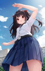 1girl absurdres arm_up black_hair blue_skirt blue_sky breasts chain-link_fence cloud commentary comodox day english_commentary fence foreshortening from_below hair_bobbles hair_ornament highres long_hair lulla_(comodox) miniskirt open_mouth original outdoors paid_reward_available pleated_skirt red_eyes shirt short_sleeves skirt sky small_breasts solo two_side_up variant_set white_shirt