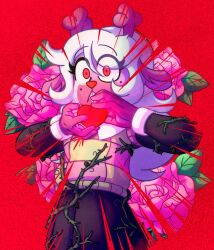 1girl animal_ears antlers black_shirt black_skirt checkered_sweater_vest commentary deer_antlers deer_ears deer_girl deltarune english_commentary flower furry furry_female heart highres horns long_sleeves noelle_holiday pink_flower pink_rose red_background red_eyes rose shirt skirt solo soul_(deltarune) spacepancakes utdr_(toby_fox) weird_route_(deltarune)