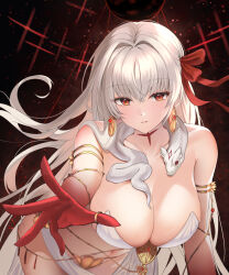 1girl blush breasts cleavage collarbone colored_skin durga earrings fate/grand_order fate_(series) hair_ornament hair_ribbon highres jewelry large_breasts long_hair looking_at_viewer navel parted_lips raurashun red_eyes red_ribbon red_skin ribbon ring smile white_hair