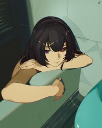 1girl bathroom bathtub black_hair black_sclera blue_eyes colored_sclera commentary completely_nude dottovu english_commentary expressionless hair_between_eyes heterochromia highres indie_virtual_youtuber indoors long_hair looking_at_viewer mismatched_sclera ninochuu nude red_eyes solo tile_wall tiles toilet virtual_youtuber window_blinds