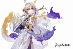 Rule 34 | 1girl, aito, arknights, bead necklace, beads, chinese hairpin, closed mouth, dragon girl, dragon horns, dragon tail, earrings, eastern dragon horns, eastern dragon tail, highres, holding, holding sword, holding weapon, horns, jacket, jewelry, long hair, long sleeves, necklace, pointy ears, shu (arknights), simple background, solo, sword, tail, tassel, tassel earrings, twitter username, weapon, white background, white jacket