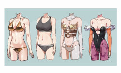 Rule 34 | 4girls, angewomon, bare shoulders, bikini, black bra, black leotard, black panties, bodysuit, bra, breasts, cleavage, clothes focus, clothing cutout, commentary request, cropped legs, darkstalkers, digimon, futa yuri ryona, gold bikini, hip vent, leotard, medium breasts, morrigan aensland, multiple girls, navel, original, panties, pantyhose, print panties, purple pantyhose, single leg bodysuit, sports bra, stomach cutout, strapless bodysuit, swimsuit, underwear, white bodysuit