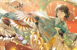 2girls 37.5c_no_fantasy aqua_eyes black_bow black_hair black_sash blue_kimono blunt_bangs bow bow_print cerise_bouquet closed_mouth confetti dutch_angle floating_hair flower folding_fan game_cg green_eyes hair_bow hair_intakes hair_rings hand_fan highres hinoshita_kaho holding holding_fan japanese_clothes kimono kimono_skirt link!_like!_love_live! long_sleeves love_live! low-tied_hair_ring medium_hair miniskirt momose_ginko multiple_girls non-web_source obi obiage obijime official_alternate_costume official_art oil-paper_umbrella orange_hair outstretched_arms pinstripe_bow pleated_skirt print_kimono purple_flower sash short_hair sidelocks skirt smile spread_arms two-tone_sash two_side_up umbrella virtual_youtuber white_sash white_skirt wide_sleeves yellow_flower