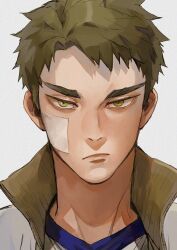 Rule 34 | 1boy, :/, brown hair, closed mouth, collared jacket, commentary request, curtained hair, gauze, gauze on cheek, haikyuu!!, high collar, highres, hk smith man, jacket, looking to the side, male focus, popped collar, portrait, short hair, sideways glance, simple background, solo, straight-on, thick eyebrows, ushijima wakatoshi, v-neck, white background, yellow eyes