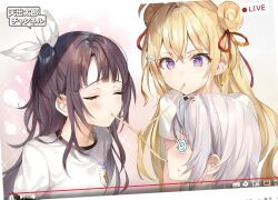 3girls @_@ ahoge black_hair blonde_hair blush double_bun glitter gym_shirt gym_uniform hair_between_eyes hair_bun hair_ornament hair_ribbon hairclip highres livestream momoko_(momopoco) multiple_girls novel_illustration official_art oshiego_ni_kyouhaku_sareru_no_wa_hanzai_desu_ka? purple_eyes raised_eyebrows red_ribbon ribbon shirt sidelocks sweat translation_request tsutsukakushi_seika upper_body uzurano_toe white_hair white_ribbon white_shirt yayaya_yaya youtube