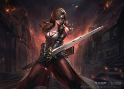 Rule 34 | 1girl, absurdres, bachzim, beatrix (ff9), breasts, cleavage, copyright name, curly hair, embers, eyepatch, fighting stance, final fantasy, final fantasy ix, greatsword, highres, holding, holding sword, holding weapon, large breasts, magic: the gathering, official art, pantyhose, save the queen, scabbard, sheath, solo, sword, weapon