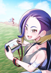 1girl bare_shoulders between_breasts black_choker blue_hair bob_cut breasts brown_eyes camera choker cleavage collarbone crop_top denim downblouse fumirumochigashin gen_2_pokemon grey_shirt grey_sports_bra highres holding holding_camera large_breasts loose_hair_strand midriff nintendo paldean_wooper perrin_(pokemon) pokemon pokemon_(creature) pokemon_sv ribbed_shirt shirt sleeveless sleeveless_shirt sports_bra strap_between_breasts undershirt wooper