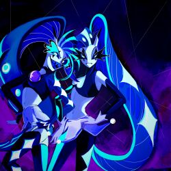 2girls 4442356893 absurdres aqua_eyes asymmetrical_bangs asymmetrical_legwear black_sclera blue_hair blue_skin blue_skirt breasts closed_mouth colored_sclera colored_skin cowboy_shot crop_top dark_background demon demon_girl demon_horns glam_(helluva_boss) glitz_(helluva_boss) hand_on_own_hip hands_on_own_hips helluva_boss highres horns long_hair mismatched_legwear multicolored_hair multiple_girls ponytail sharp_teeth siblings sisters skirt small_breasts teeth twins two-tone_hair very_long_hair