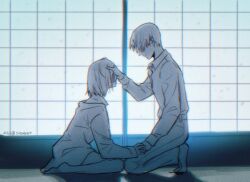 Rule 34 | 1boy, 1girl, collared shirt, commentary request, covering another&#039;s eyes, derivative work, fruits basket, full body, holding hands, korean commentary, limited palette, profile, screenshot redraw, seiza, shirt, shirt tucked in, short hair, sitting, sohma hatori, souma kana (fruits basket), sun ah, twitter username