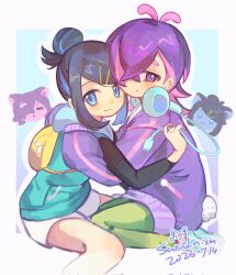 Rule 34 | 2girls, antenna hair, black shirt, blue eyes, bright pupils, closed mouth, dated, dot (pokemon), green pants, green vest, hair ornament, hairclip, hand up, headphones, highres, hug, jacket, liko (pokemon), long hair, multicolored hair, multiple girls, nintendo, pants, pokemon, pokemon (anime), pokemon horizons, purple eyes, purple hair, purple jacket, saridinism, shirt, shorts, sitting, sleeves past fingers, sleeves past wrists, two-tone hair, vest, white pupils, white shorts, yellow bag