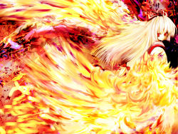 1girl blunt_bangs bow female_focus fiery_wings fire fringe_trim fujiwara_no_mokou hair_bow hair_ribbon highres long_hair looking_back rasha red_eyes ribbon solo touhou white_hair wings