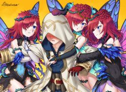 1other 3girls ambiguous_gender animal_ears arm_hug bare_shoulders blue_eyes blue_shirt blush bridal_gauntlets commentary commission covered_navel detached_sleeves english_commentary facial_mark fairy_wings fake_animal_ears fire_emblem fire_emblem_heroes flower gloves gold_trim grimaisbestwaifu hair_flower hair_ornament hair_over_one_eye hair_vines highres hood hood_up hooded_robe kiran_(fire_emblem) locked_arms long_hair long_sleeves looking_at_another multiple_girls multiple_persona nintendo official_alternate_costume open_clothes open_robe plant profile rabbit_ears red_flower red_gloves red_hair robe shirt signature simple_background thorns triandra_(fire_emblem) triandra_(reverent_dream)_(fire_emblem) triandra_(spring)_(fire_emblem) vines white_robe wings yellow_background