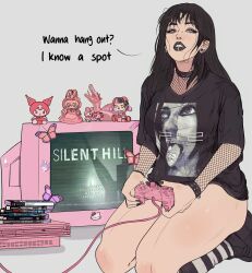1girl absurdres black_choker black_hair black_lips choker cinnamoroll clock_tower_3 fatal_frame fishnet_sleeves fishnets game_console hello_kitty highres kuromi looking_at_viewer original playstation_2 resident_evil resident_evil_-_code:_veronica sanrio silent_hill_(series) solo thick_thighs thighs yoracrab