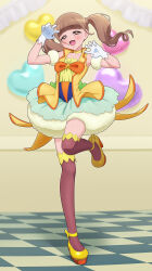 1girl :d absurdres balloon bare_shoulders blunt_bangs blush bow brown_eyes brown_hair brown_thighhighs bubble_skirt checkered_floor chest_bow choker claw_pose collarbone commentary cosplay cure_sparkle cure_sparkle_(cosplay) detached_sleeves full_body gloves half-closed_eyes hands_up healin&#039;_good_precure heart heart_balloon high_heels highres hiramitsu_hinata indoors leg_up long_hair looking_at_viewer magical_girl open_mouth orange_bow platform_heels precure puffy_detached_sleeves puffy_sleeves self_cosplay shoes skirt sleeveless sleeveless_vest smile solo standing standing_on_one_leg thighhighs tiler_(tiler00) twintails vest white_gloves white_skirt white_sleeves yellow_choker yellow_shoes yellow_vest