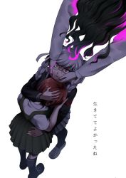 3girls black_hair black_shirt black_socks blood braid commentary_request danganronpa_(series) danganronpa_2:_goodbye_despair danganronpa_3_(anime) dress from_above glasses green_dress grey_skirt hand_on_another&#039;s_head hand_on_another&#039;s_hip highres hug kneehighs koizumi_mahiru long_hair long_sleeves looking_up multiple_girls pekoyama_peko pinafore_dress pink_blood red_hair satou_(danganronpa) shirt shoes short_hair sketti skirt sleeveless_dress socks translation_request twin_braids upside-down white_shirt