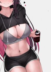 1girl alternate_costume azki_(hololive) black_hair breasts can character_request check_character cleavage colored_inner_hair commentary cropped_hoodie dolphin_shorts earphones english_commentary eyes_out_of_frame head_out_of_frame heart highres holding holding_can hololive hood hoodie long_hair multicolored_hair navel pink_hair shorts simple_background smile solo sports_bra unmeidesu