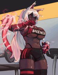 1girl absurdres animal_ears armpits bike_shorts black_sclera black_shorts black_sports_bra black_thighhighs borrowed_character bottle breasts cat_ears cat_girl cat_tail clothes_writing coco_(bakeneko) colored_sclera commission dark-skinned_female dark_skin electricity energy english_text gloves glowing_tail gym gym_shorts highleg highleg_panties highres huge_breasts long_hair original panties piku184 red_eyes red_gloves red_tail shorts silver_hair solo sports_bra standing sweat tail thick_thighs thighhighs thighs thong underboob undersized_clothes underwear very_dark_skin water_bottle whale_tail_(clothing)