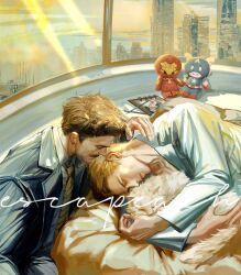 Rule 34 | 2boys, animal, animal ears, animal hug, animal nose, avengers (series), black jacket, blonde hair, blue shirt, brown hair, building, cat, cat ears, cat tail, character doll, city, clipboard, closed eyes, closed mouth, cloud, cloudy sky, collarbone, collared shirt, doll, facial hair, hand up, highres, indoors, jacket, lapels, long sleeves, lying, male focus, marvel, marvel cinematic universe, multiple boys, necktie, on side, open clothes, open jacket, peachline1106, pencil, pet, pillow, sample watermark, shirt, short hair, sitting, sky, skyscraper, sleeping, smile, steve rogers, striped necktie, suit jacket, sunlight, sunset, tail, teeth, tony stark, watermark, white fur, white shirt, window, yaoi, yellow necktie